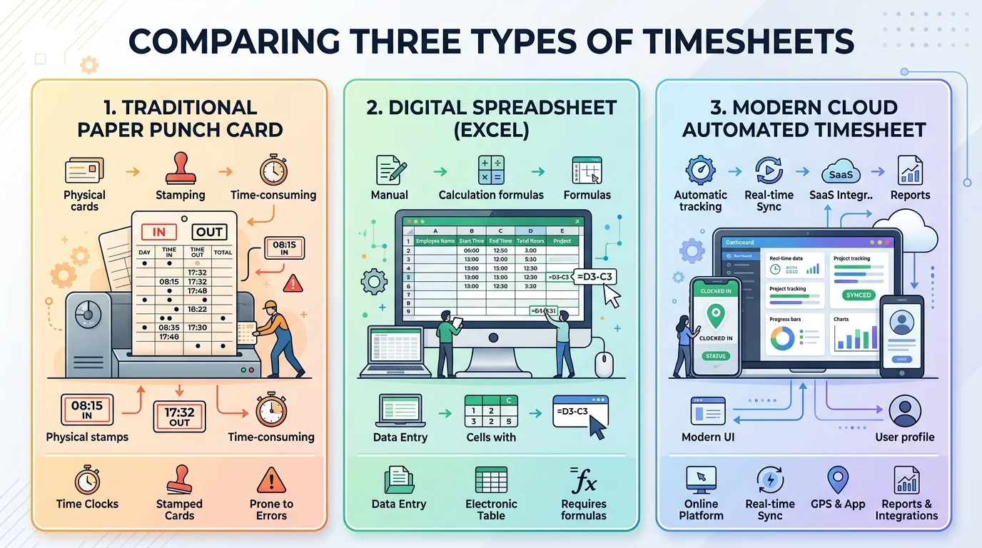 Comparing 3 Types of Timesheets: Paper Punch Cards, Digital Spreadsheets, and Cloud Automated Software